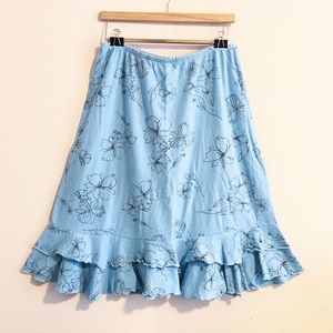 Blue floral midi skirt with lettuce edge